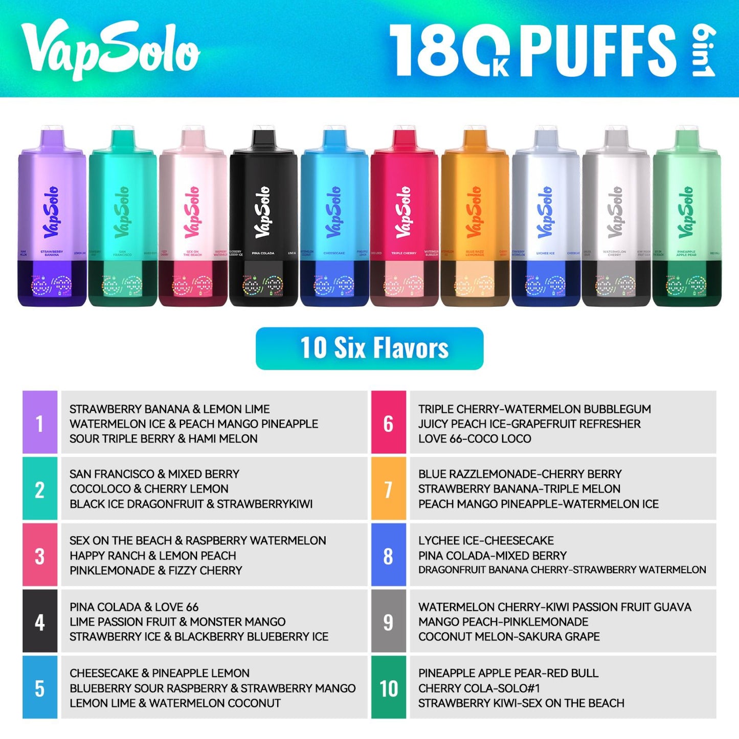 VAPSOLO SIXER 180k | 6 sabores en 1